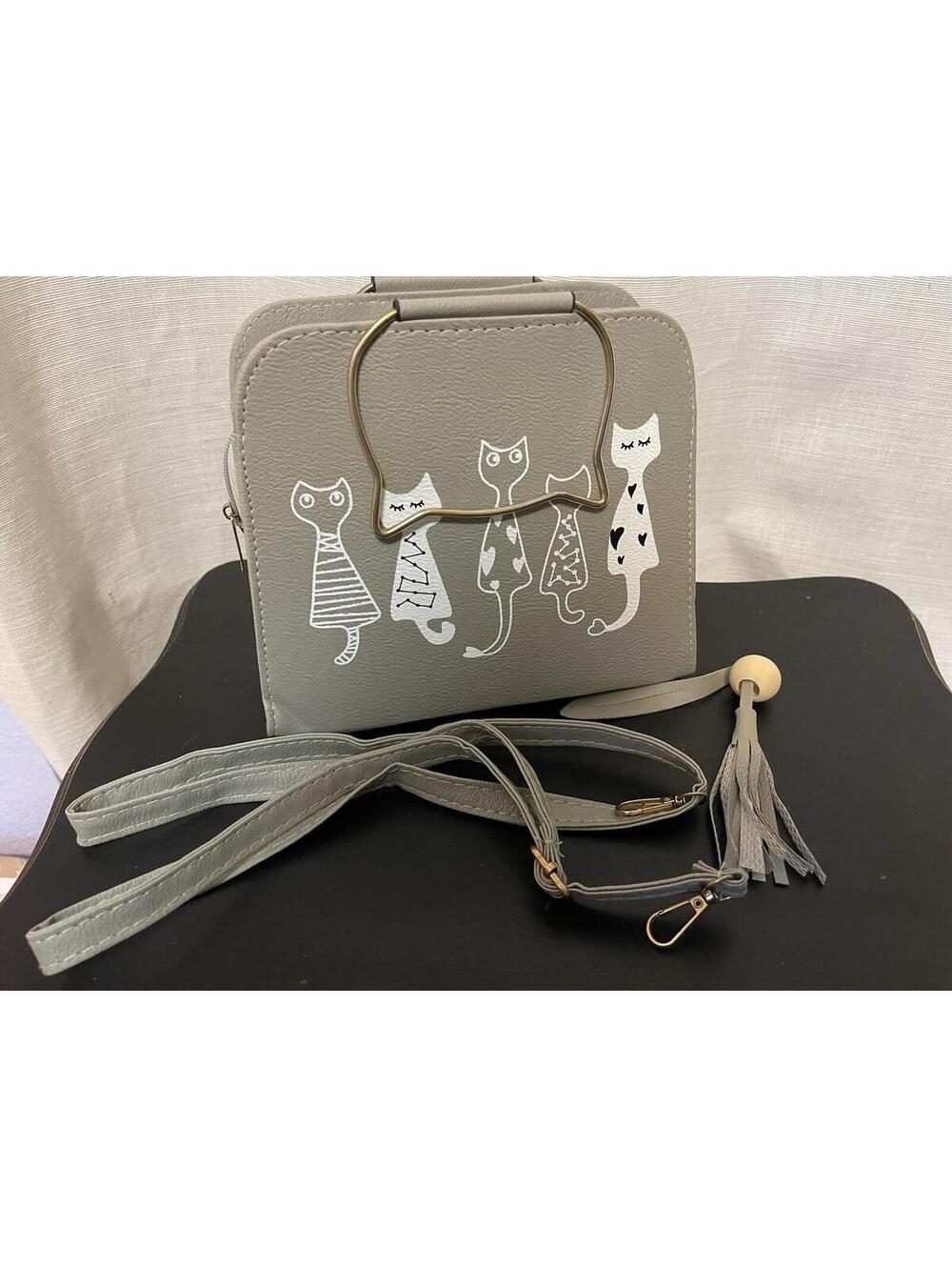 Women's Small Gray Cat Lover's Shoulder Bag/Gold Metal Cat Head Top Handles